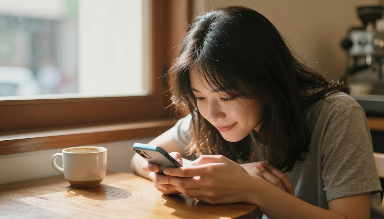 A young woman sitting at a coffee shop, absorbed in conversation on her phone
