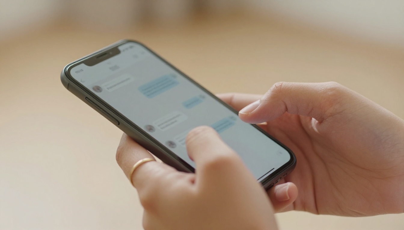 Close-up of hands holding a phone, mid-message, gold ring catching light