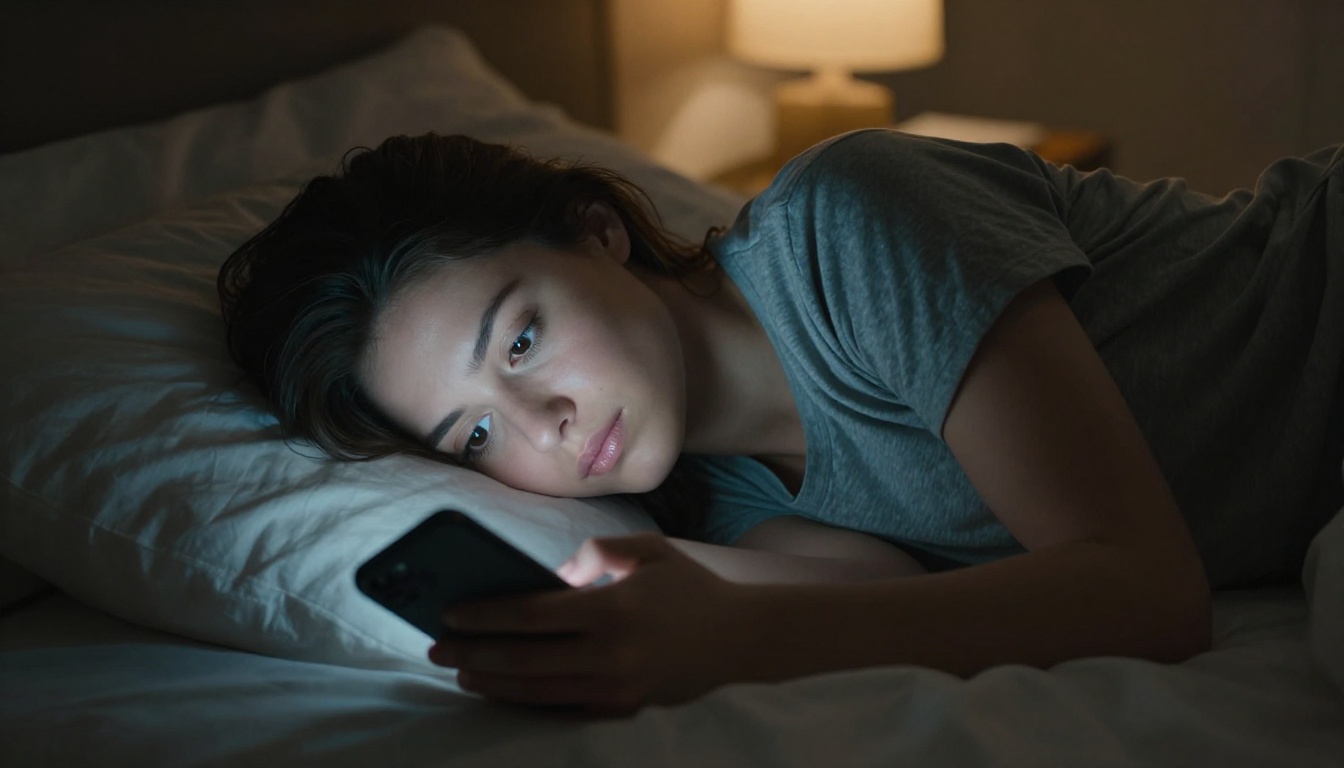 A woman lying in bed at night, face illuminated by phone screen glow
