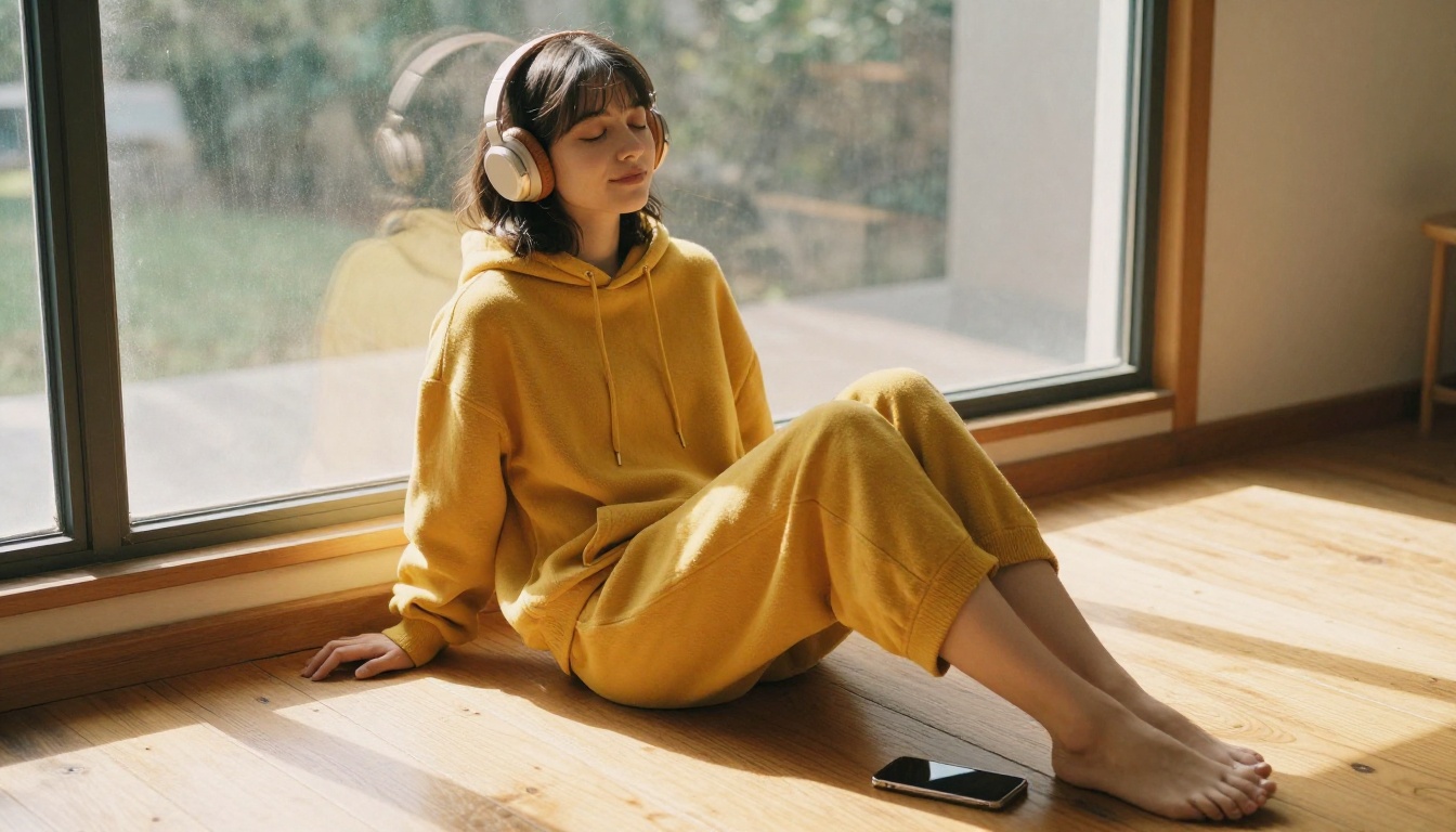 A woman wearing headphones, eyes closed in peaceful listening, afternoon window light