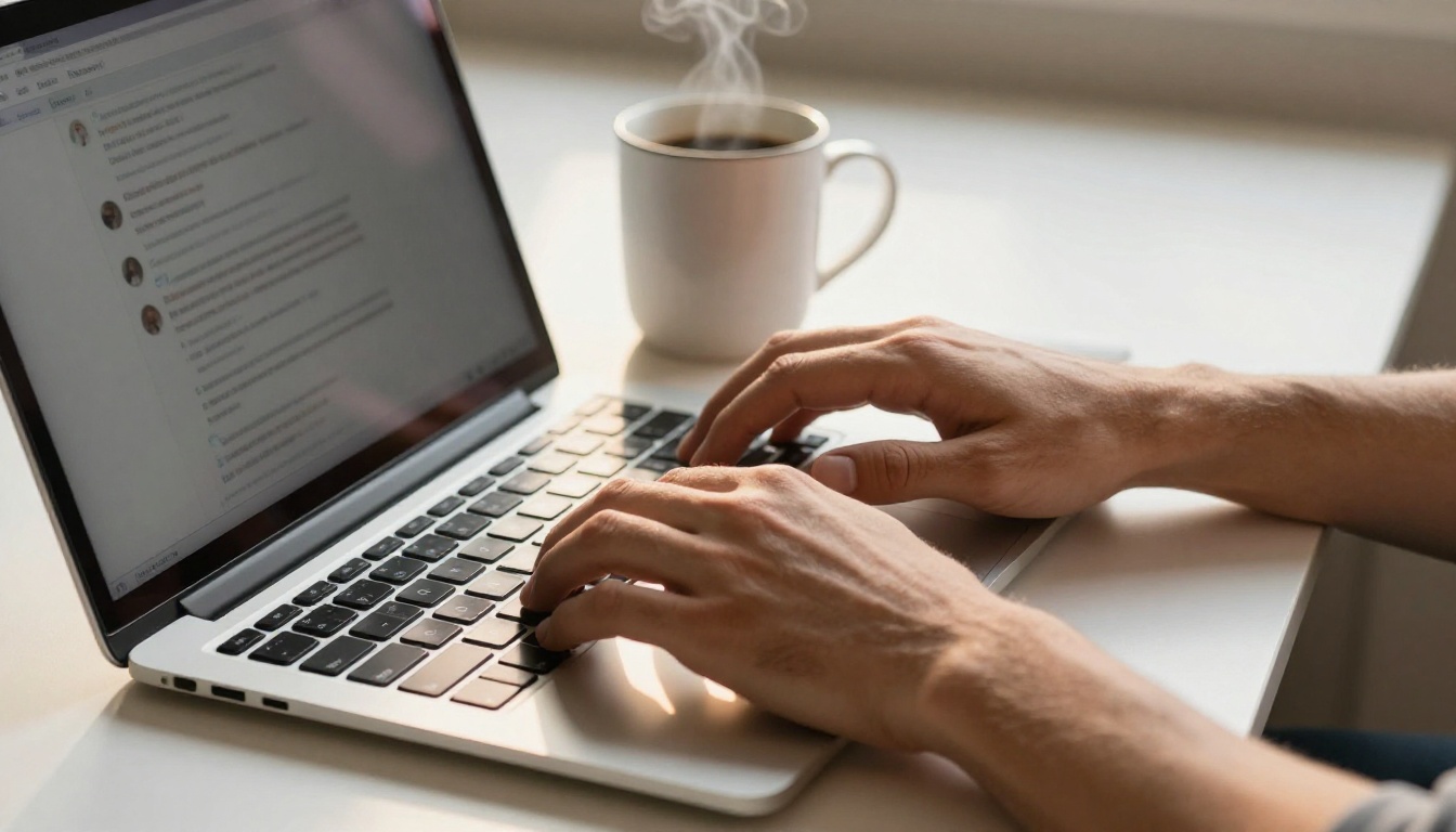 A man's hands typing on a white desk, coffee nearby, warm natural light