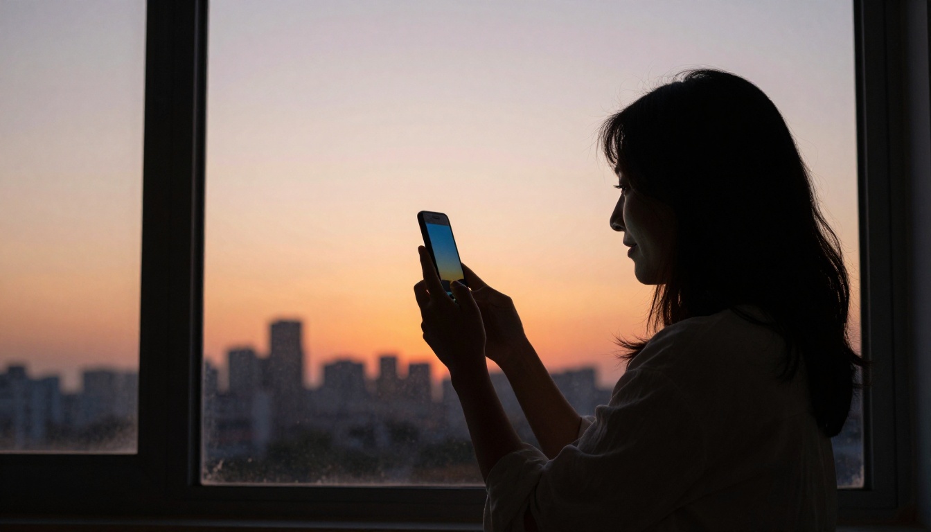 A woman at golden hour, standing at a large window, phone in hand, looking quietly content