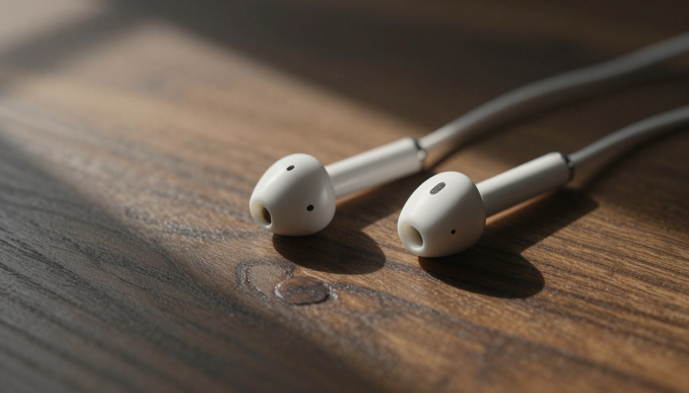 Wireless earbuds on a dark oak surface, morning light raking across the wood grain
