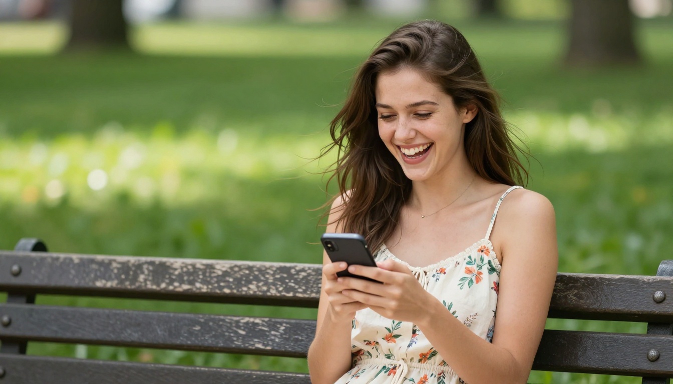 A woman laughing openly at her phone on a park bench, summer light catching her hair