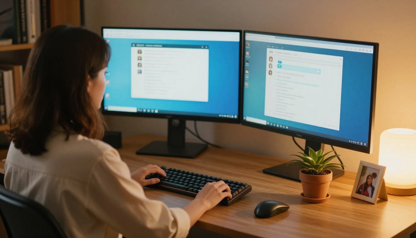 A woman at a home office desk, two screens showing blurred chat interfaces, warm lamp light