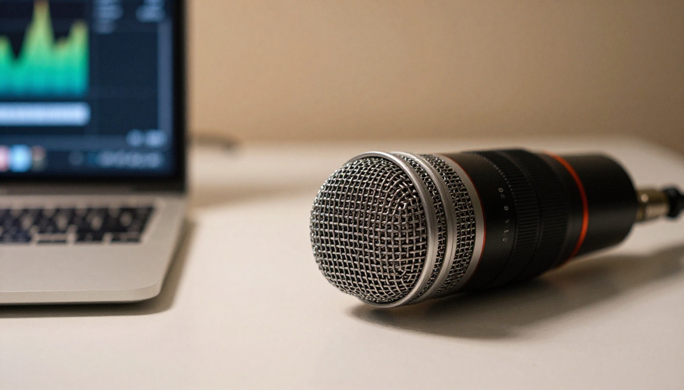 Close-up macro shot of professional USB condenser microphone on shock mount beside laptop Close-up macro shot of professional USB condenser microphone on shock mount beside laptop