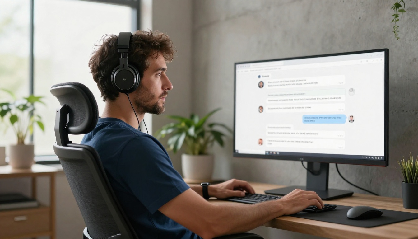 Man leaning back in ergonomic chair reading AI conversation on ultrawide monitor Man leaning back in ergonomic chair reading AI conversation on ultrawide monitor