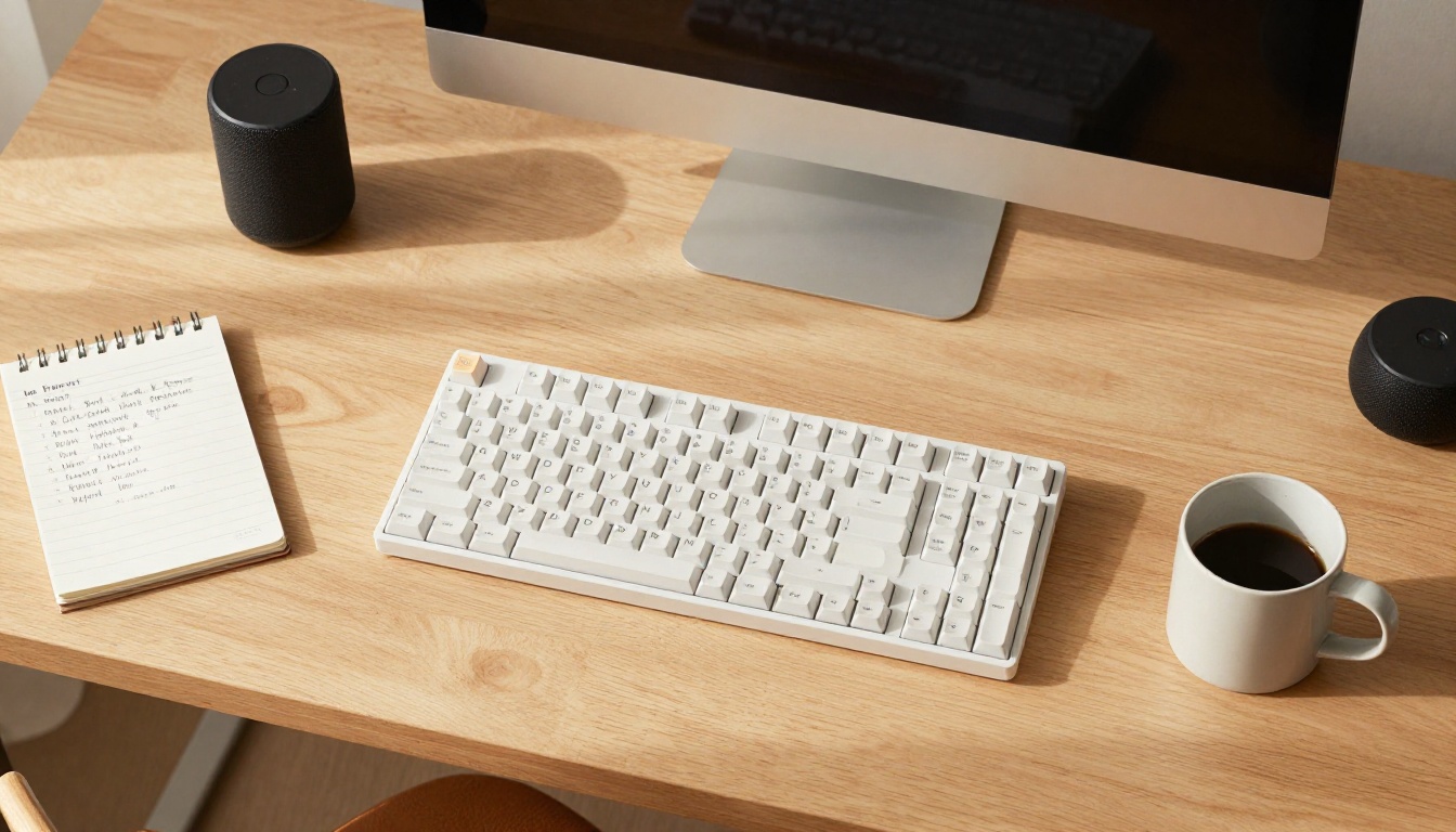 Overhead view of organized home AI setup desk with keyboard, laptop, and smart speaker Overhead view of organized home AI setup desk with keyboard, laptop, and smart speaker