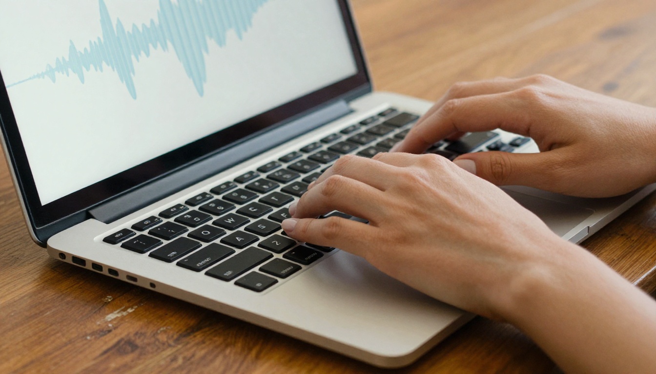 Close-up of woman's hands typing on laptop keyboard with waveform on screen Close-up of woman's hands typing on laptop keyboard with waveform on screen