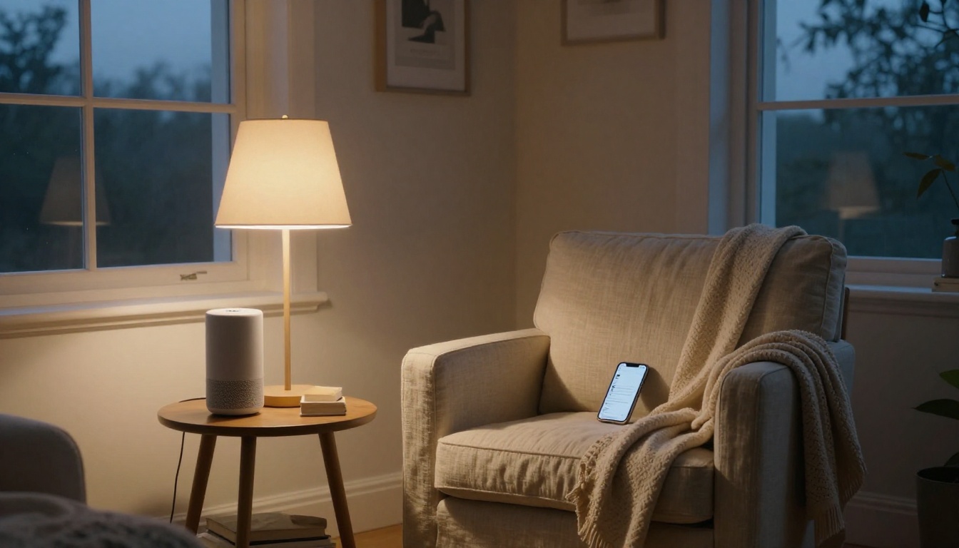 Cozy living room corner at dusk with cylindrical smart speaker beside linen armchair Cozy living room corner at dusk with cylindrical smart speaker beside linen armchair