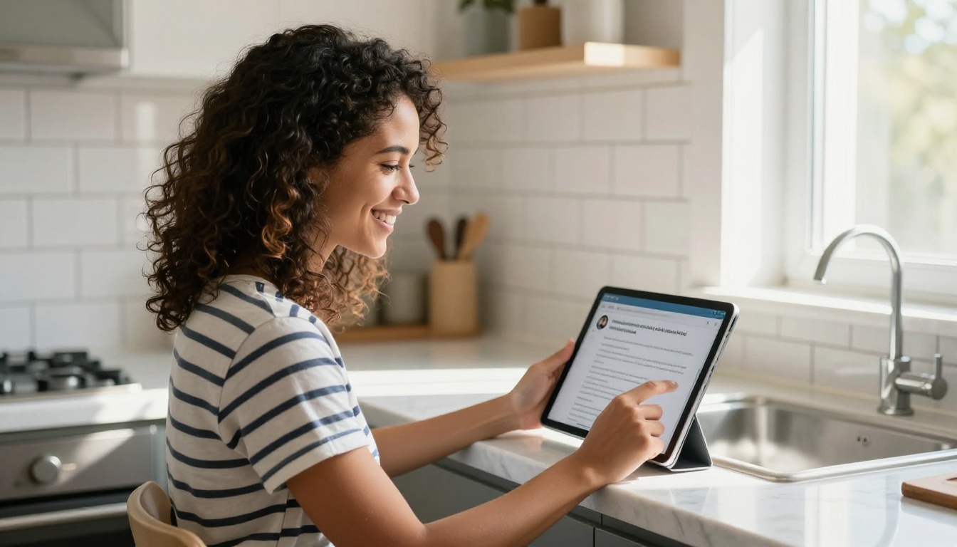Young woman with curly hair holding tablet in bright kitchen, smiling at AI assistant Young woman with curly hair holding tablet in bright kitchen, smiling at AI assistant