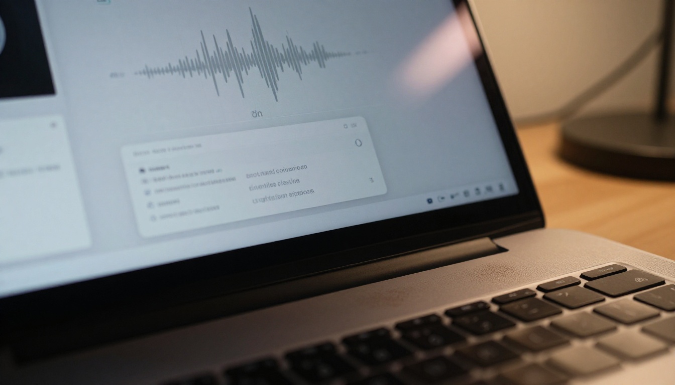 Close-up of laptop screen showing voice AI interface with waveform visualization Close-up of laptop screen showing voice AI interface with waveform visualization