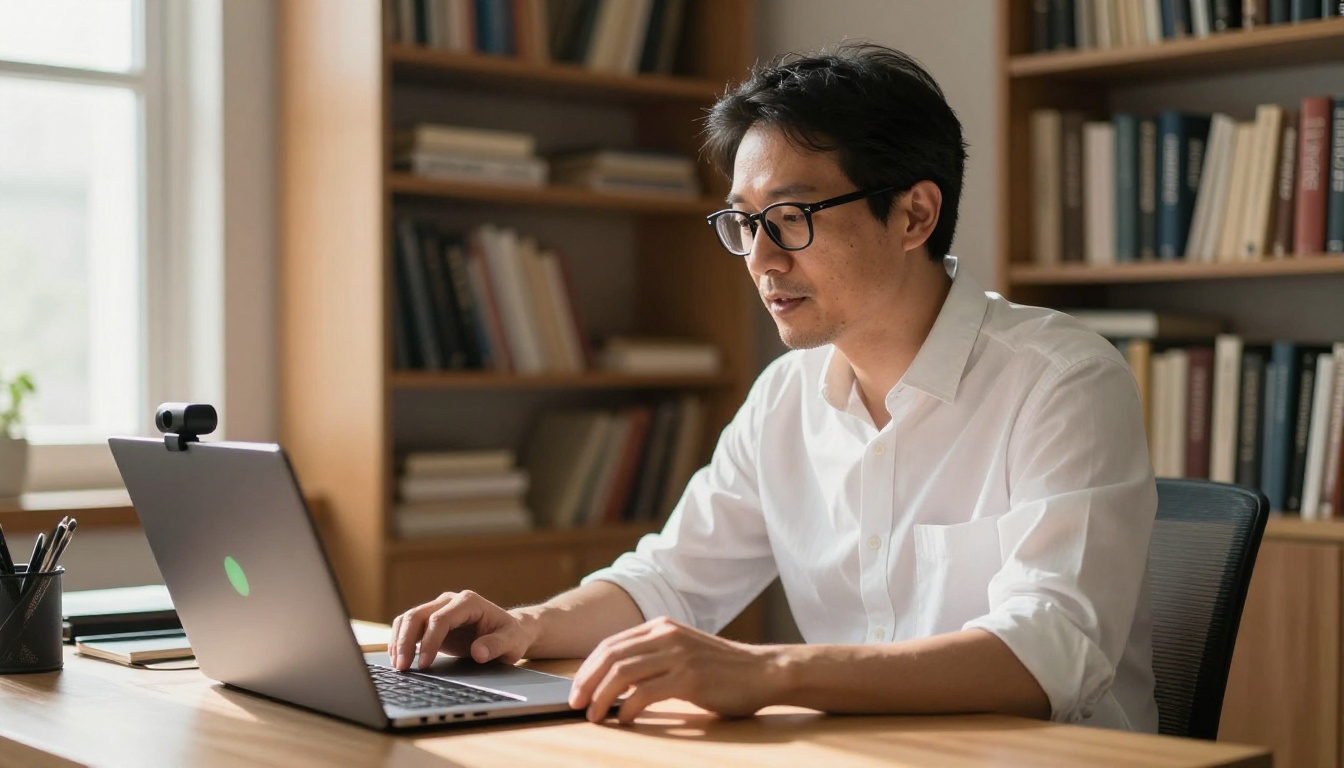 Man in white shirt speaking to laptop with webcam in warm book-lined home office Man in white shirt speaking to laptop with webcam in warm book-lined home office
