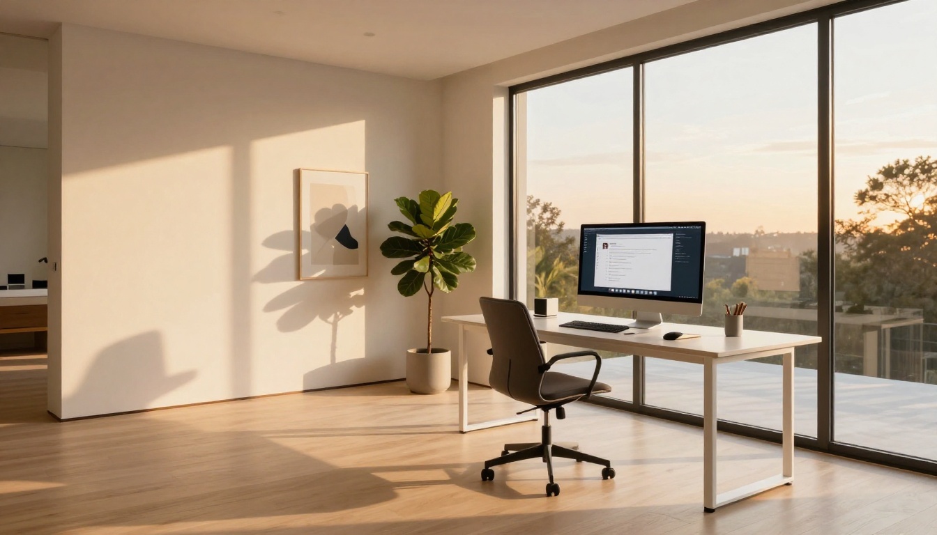 Wide minimalist home office at golden hour with desktop monitor showing chat interface Wide minimalist home office at golden hour with desktop monitor showing chat interface