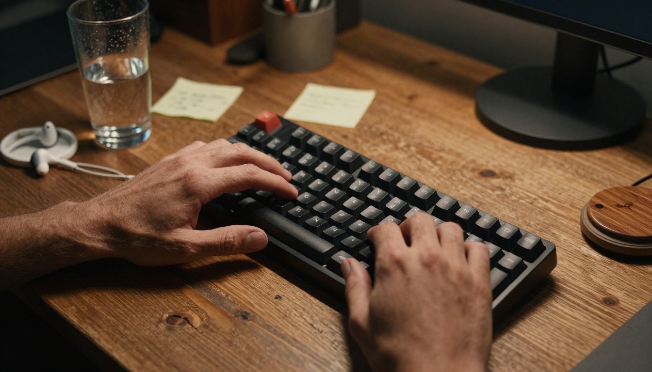 Hands typing on mechanical keyboard in a home office
