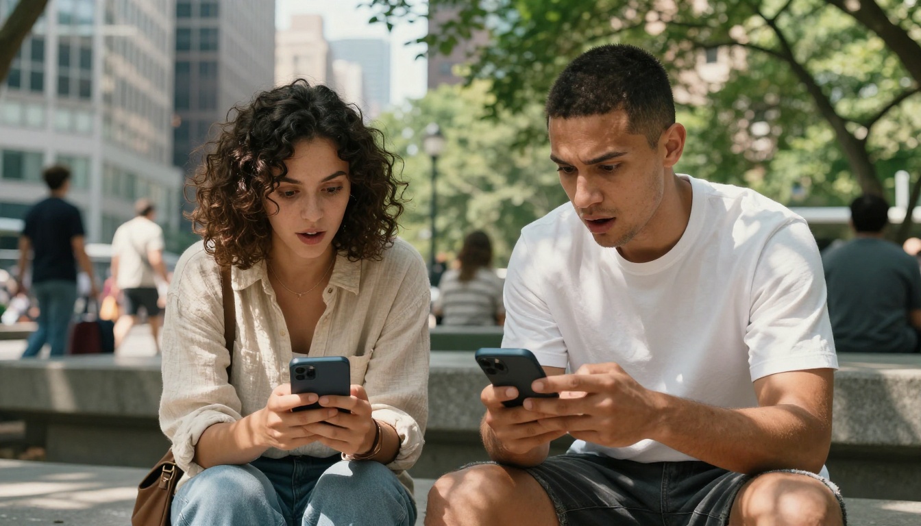 Two people comparing AI chat apps on phones in a city park
