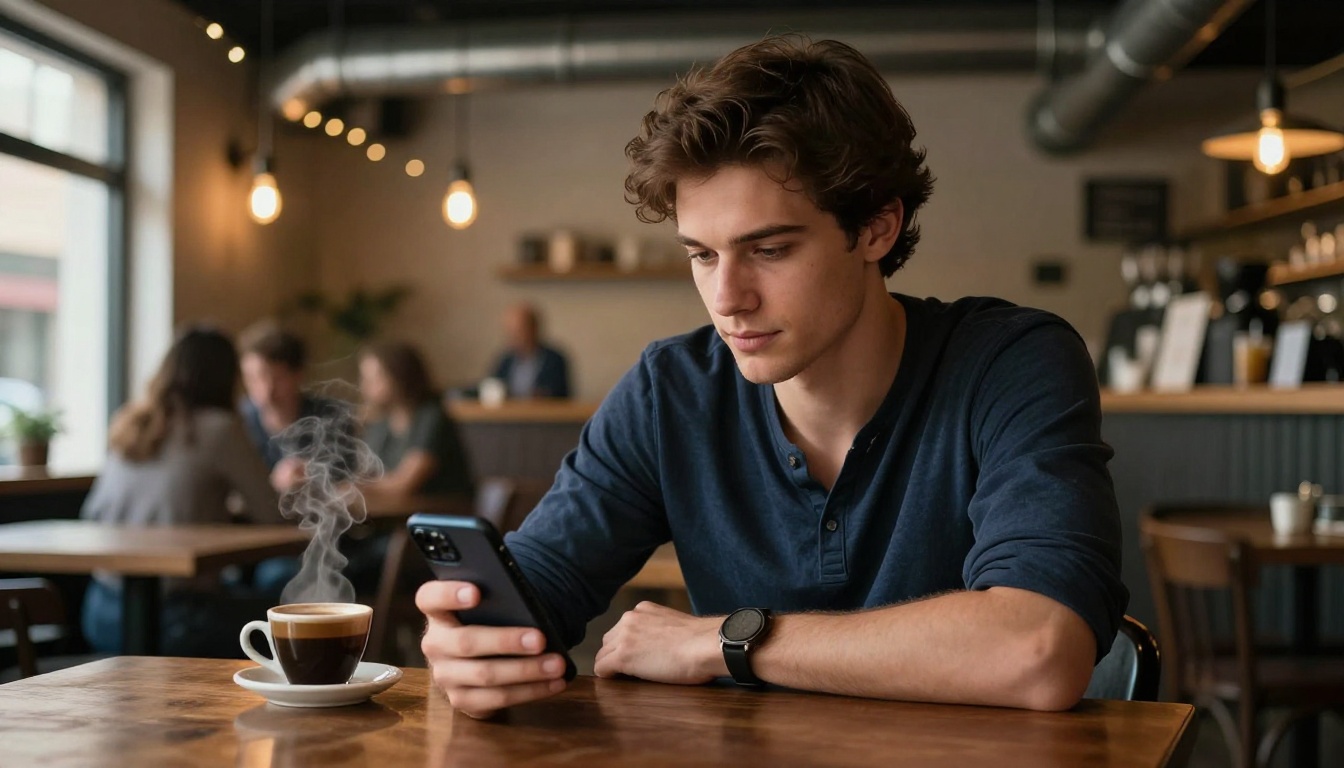 Man using AI chat app on smartphone in a café