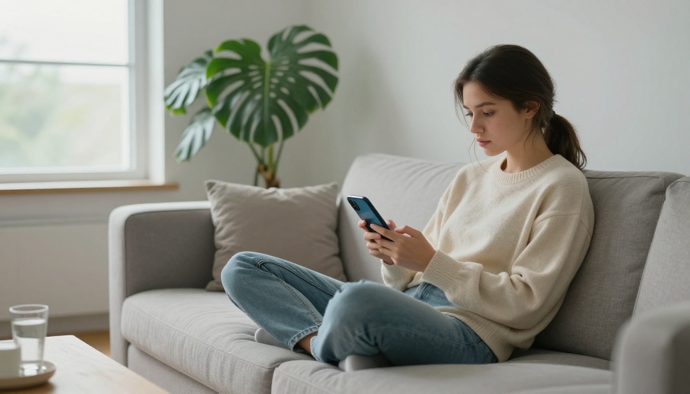 Woman on sofa browsing AI chat app on smartphone at home