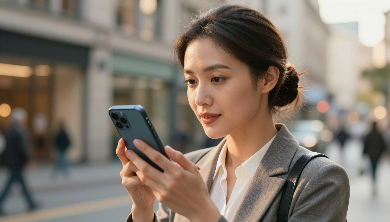 Woman using a voice AI feature on her phone outdoors in a city