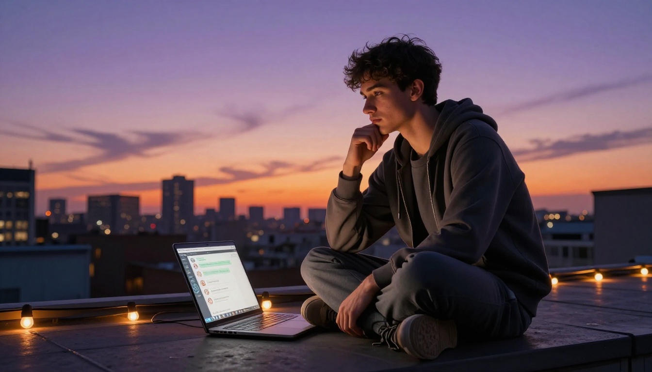 Man with laptop at a rooftop terrace at sunset with city skyline