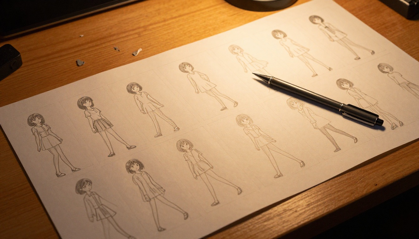 Anime keyframe sheets arranged in sequence on an animator's lightbox
