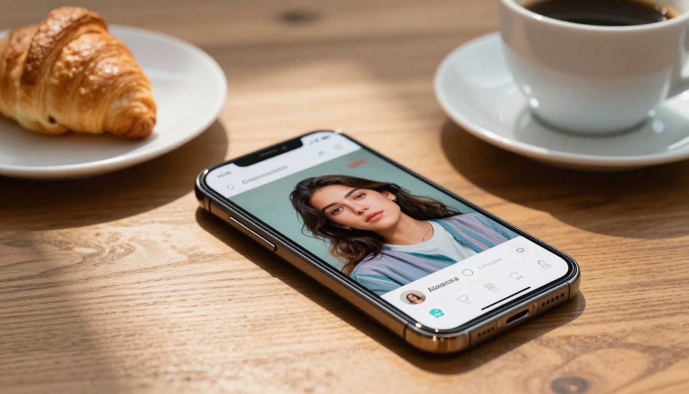 Smartphone screen flat on wooden table showing AI image generation app