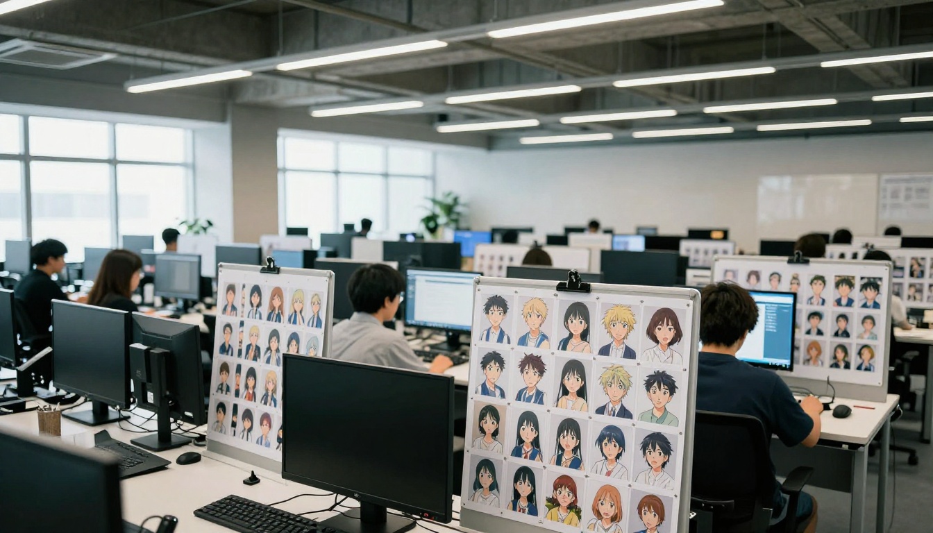 Production studio with artists comparing anime character sheets on reference boards