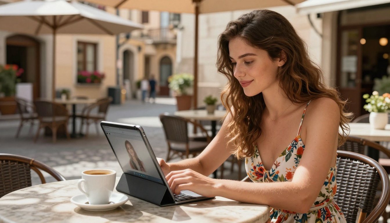 Woman at outdoor European café terrace using AI image app on tablet