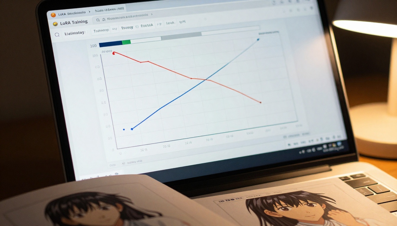 LoRA training interface on a laptop with an anime character reference sheet