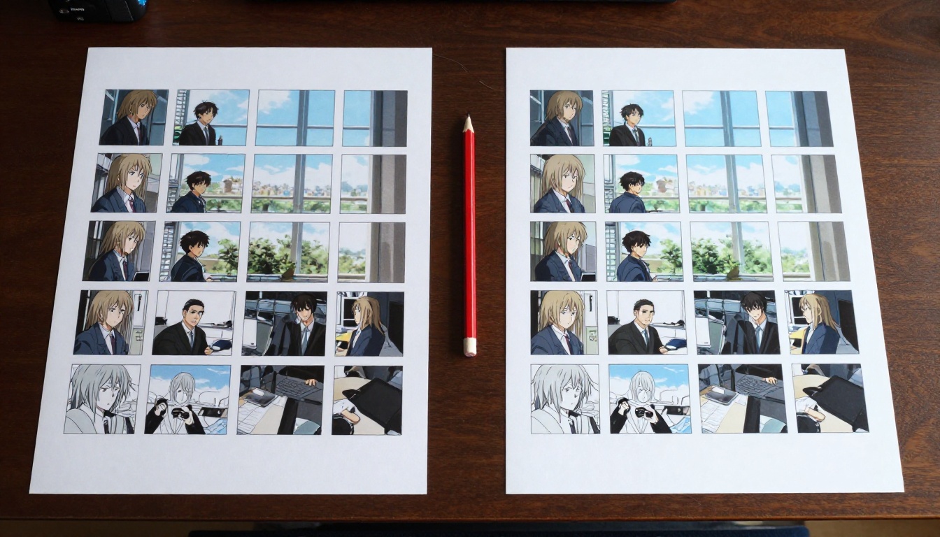 Side-by-side comparison of consistent vs inconsistent anime frame sequences printed on paper