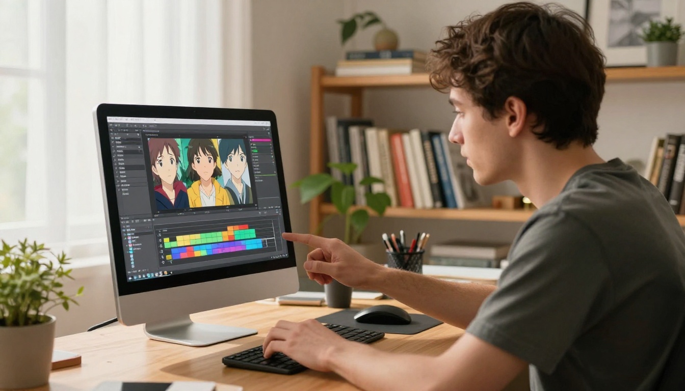 Young male animator reviewing anime timeline on tablet at a standing desk