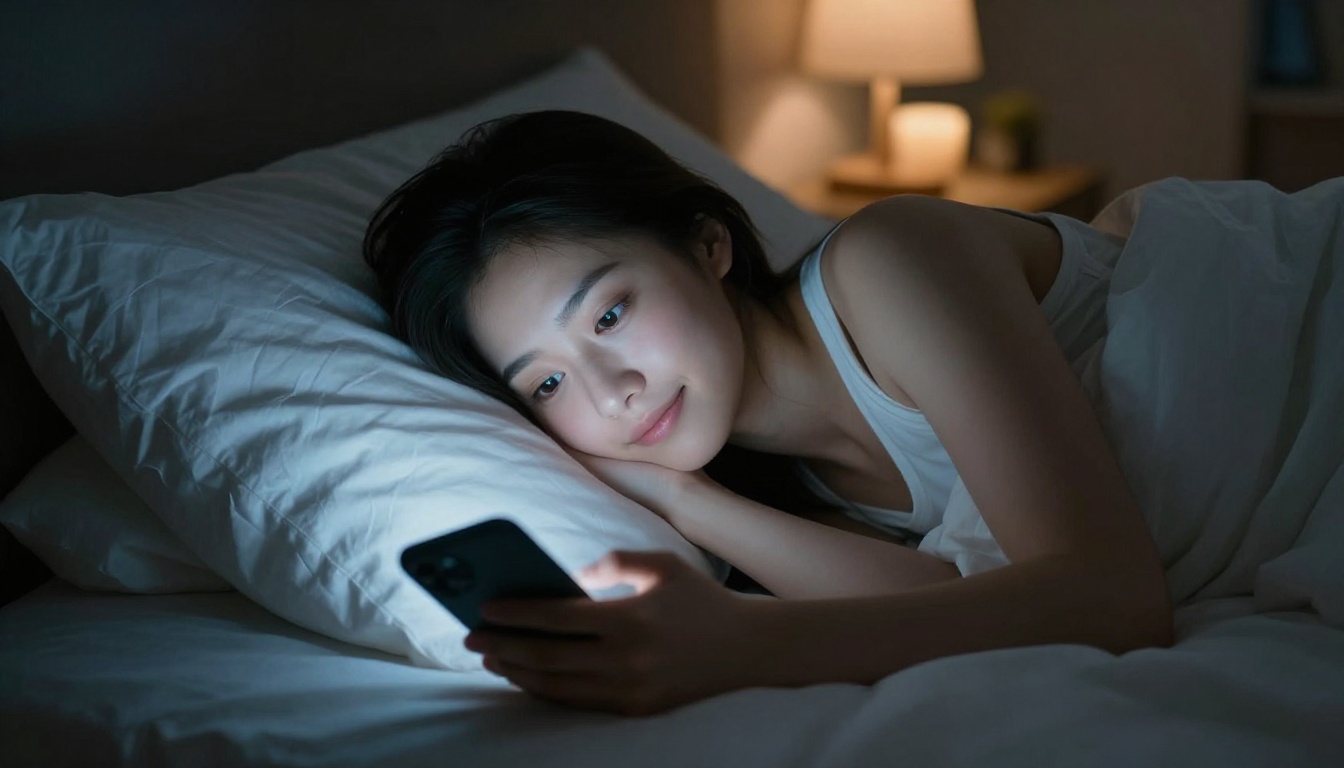Woman chatting on her phone at night, face softly illuminated by screen glow Woman chatting on her phone at night, face softly illuminated by screen glow