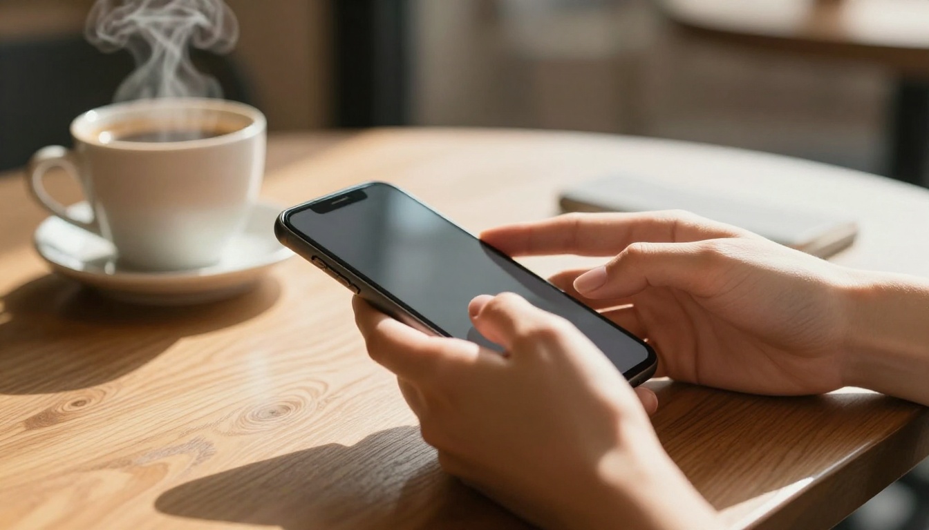 Close-up of hands typing on a smartphone at a warm wooden cafe table Close-up of hands typing on a smartphone at a warm wooden cafe table