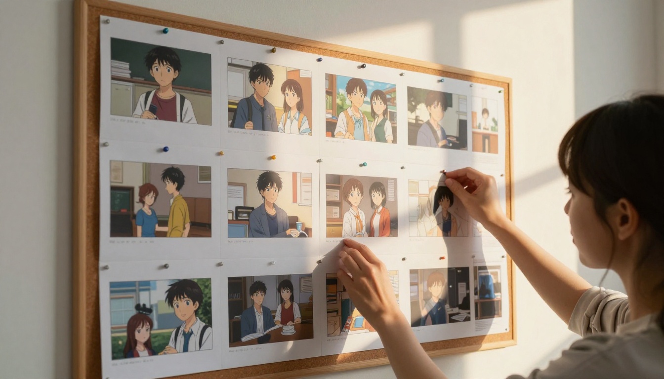 Anime storyboard panels pinned to a cork mood board on a studio wall