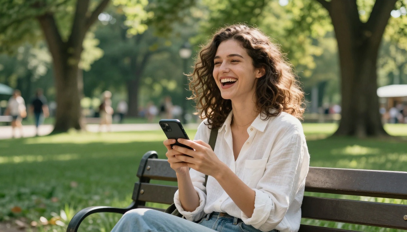 Young woman laughing freely at her phone while sitting on a sunny park bench Young woman laughing freely at her phone while sitting on a sunny park bench