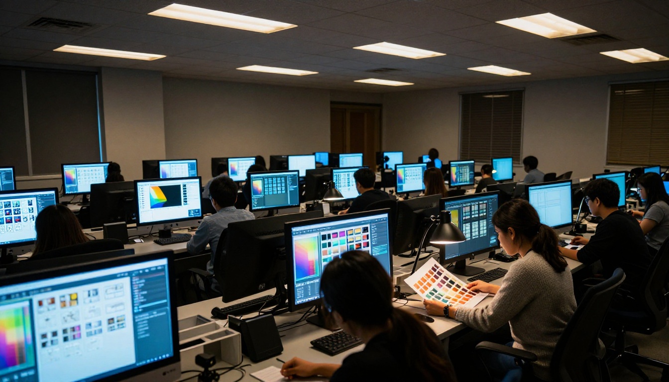 University computer lab at night with color matching tools on screens