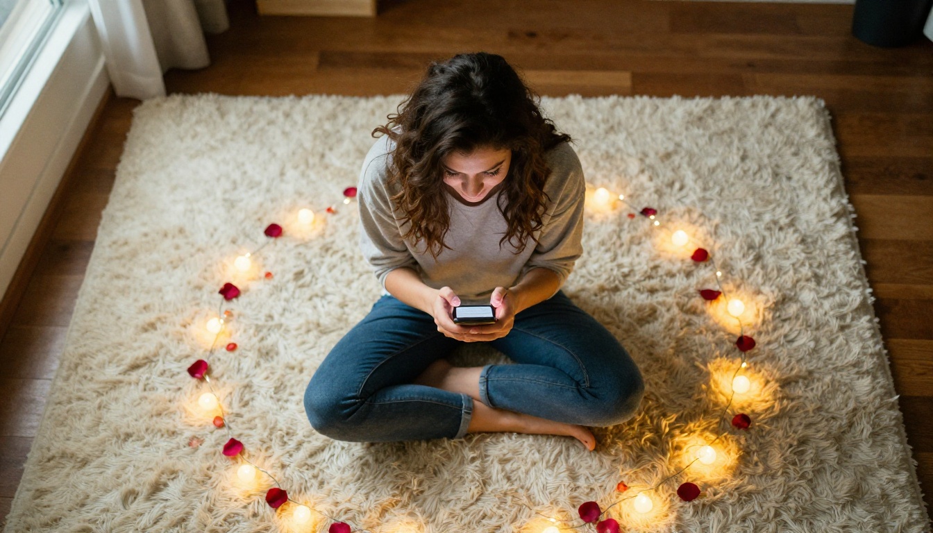 Aerial view of woman sitting cross-legged on bedroom floor surrounded by fairy lights Aerial view of woman sitting cross-legged on bedroom floor surrounded by fairy lights