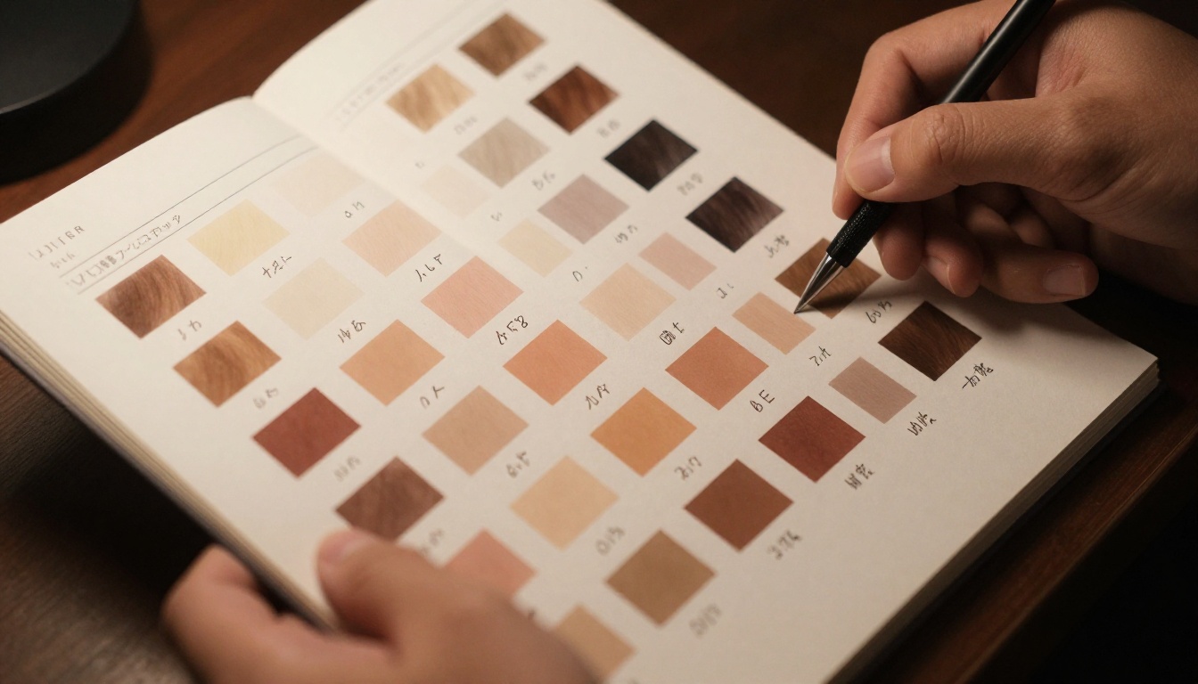 Close-up of a color swatch book with labeled skin tone and hair color samples