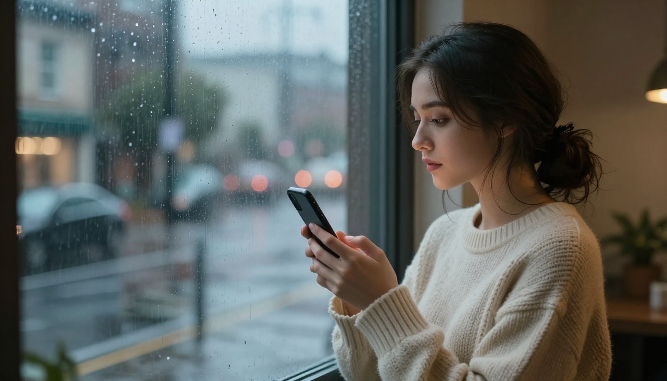 Young woman standing at a rain-streaked apartment window, phone pressed to her chest Young woman standing at a rain-streaked apartment window, phone pressed to her chest