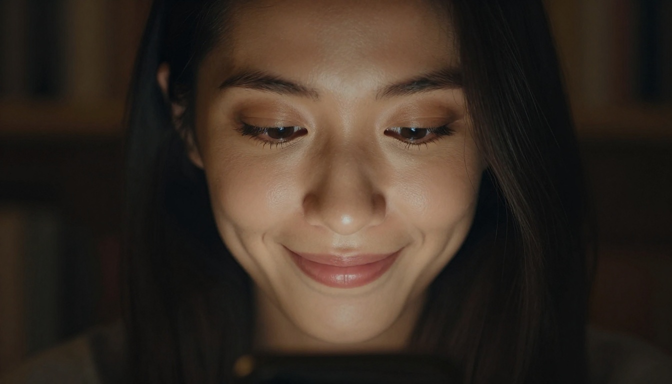 Woman's face in profile, softly lit by smartphone screen glow in a darkened room Woman's face in profile, softly lit by smartphone screen glow in a darkened room