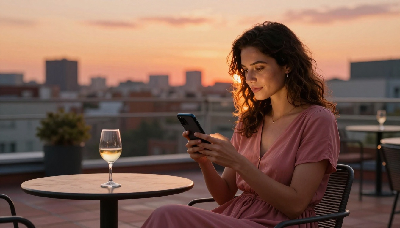 Woman sitting alone on a rooftop terrace at sunset, city skyline behind her Woman sitting alone on a rooftop terrace at sunset, city skyline behind her