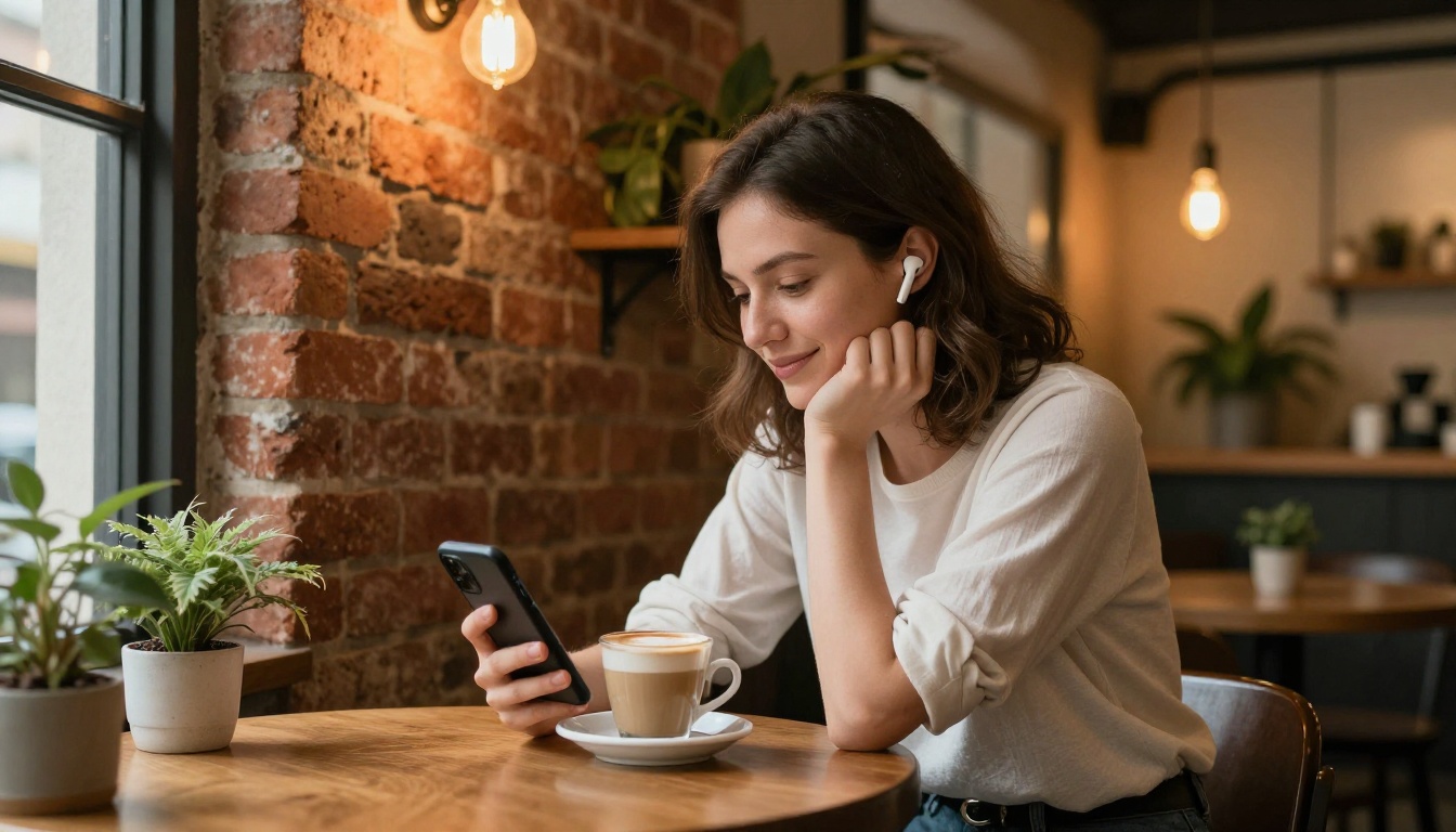 Woman in a cozy coffee shop with wireless earbuds, smiling at her phone Woman in a cozy coffee shop with wireless earbuds, smiling at her phone