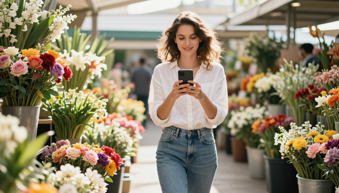 Woman walking through a flower market with her phone raised, face bright with joy Woman walking through a flower market with her phone raised, face bright with joy