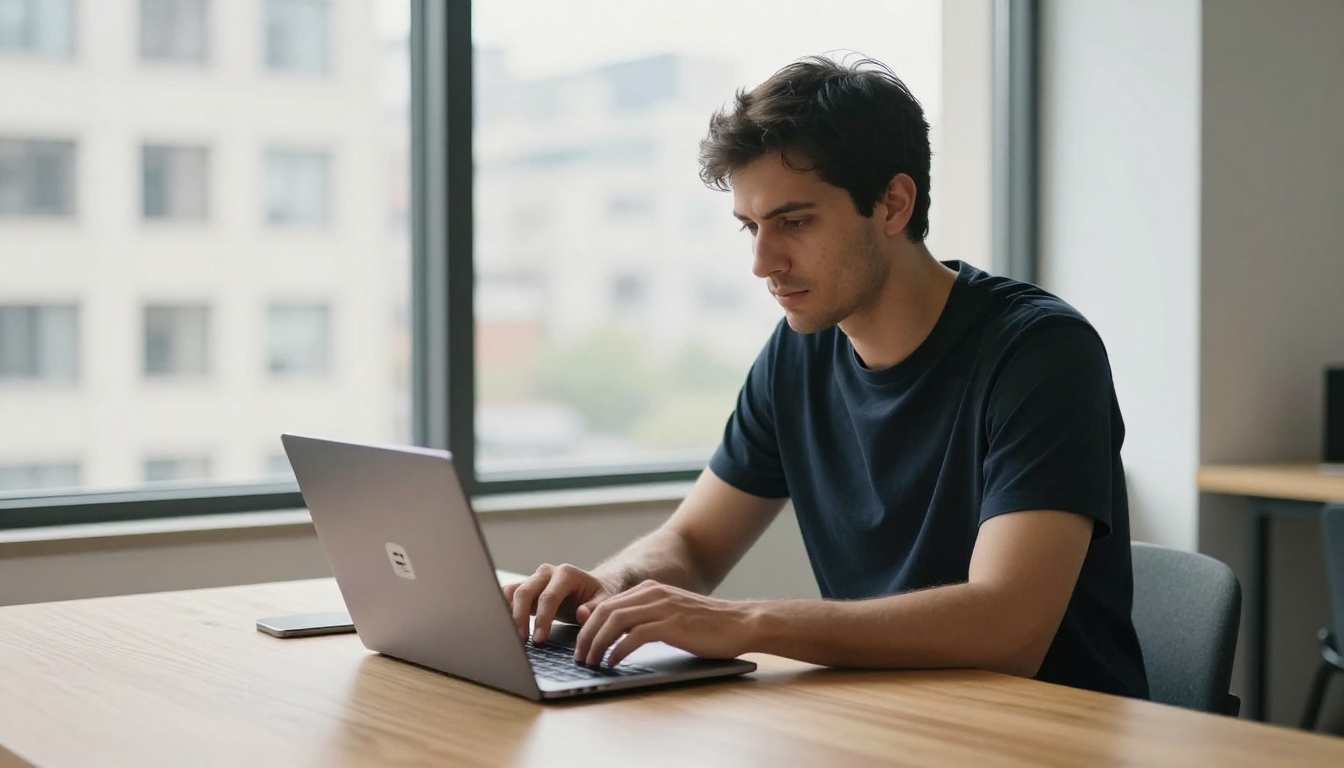 Man chatting with AI on laptop near large window