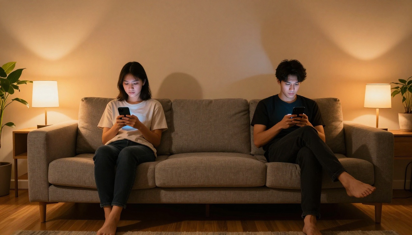 Couple each absorbed in their own phones on a grey sofa