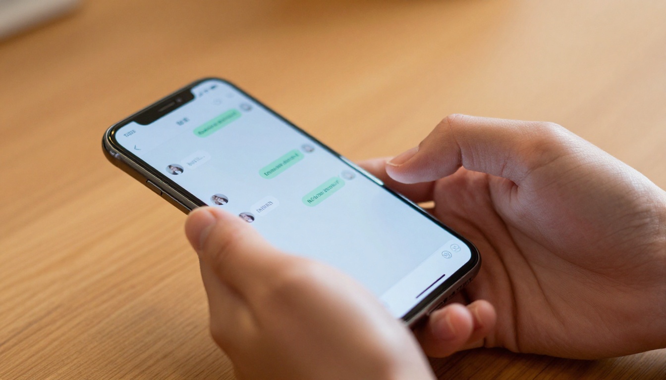 Hands typing on smartphone chat interface close-up