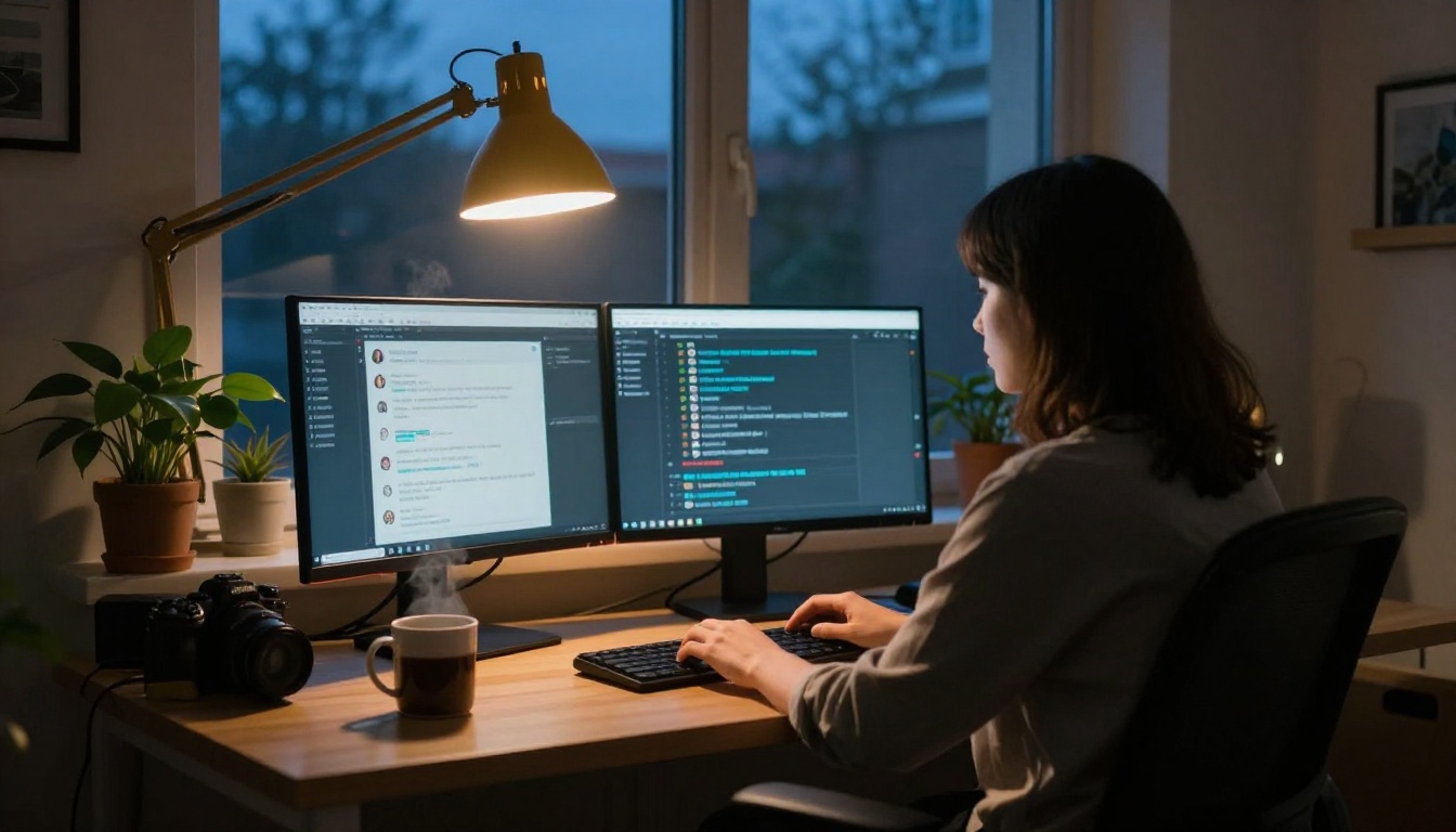 Person at home office desk with dual monitors at dusk
