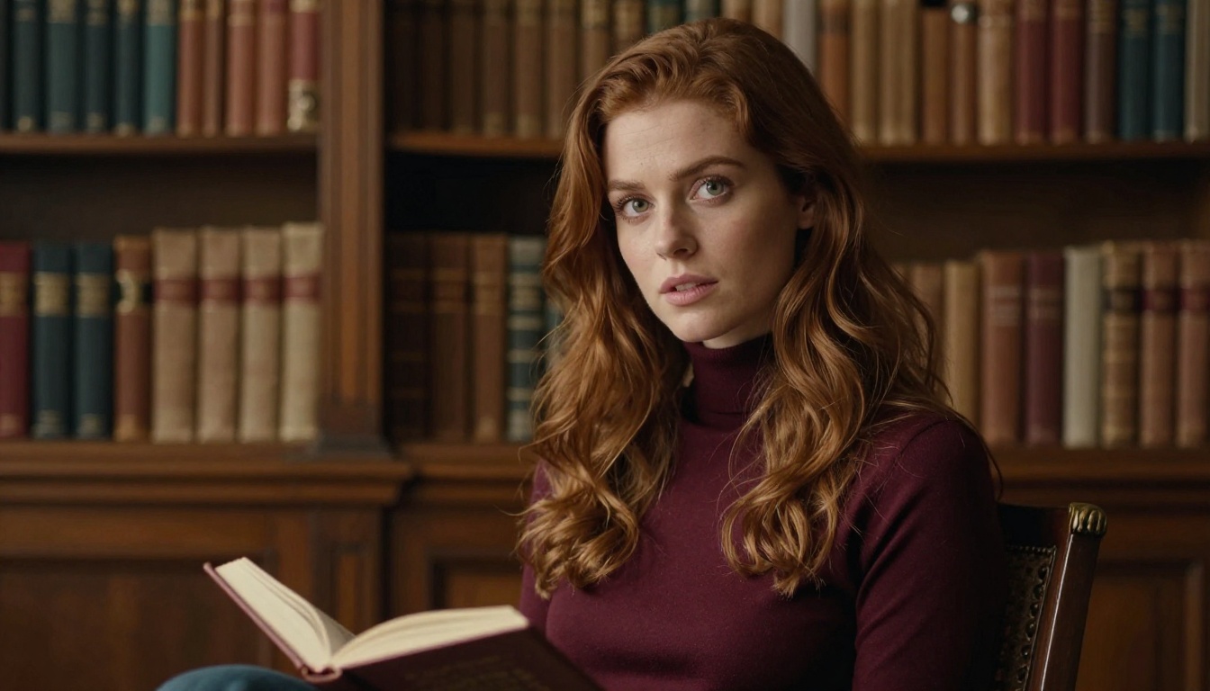 Portrait of a stunning woman with long wavy auburn hair in a cozy vintage library, soft window light