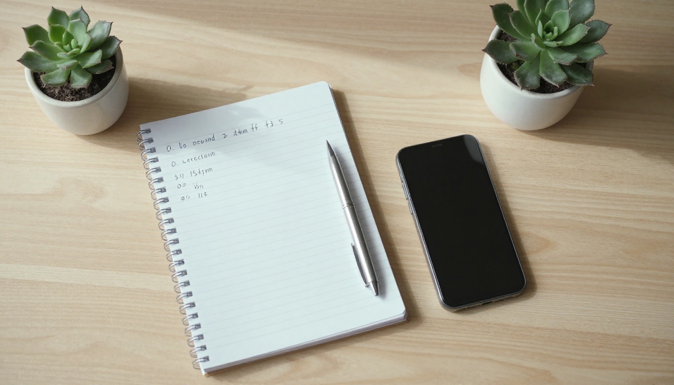 Flat-lay desk with notepad and smartphone for AI comparison research