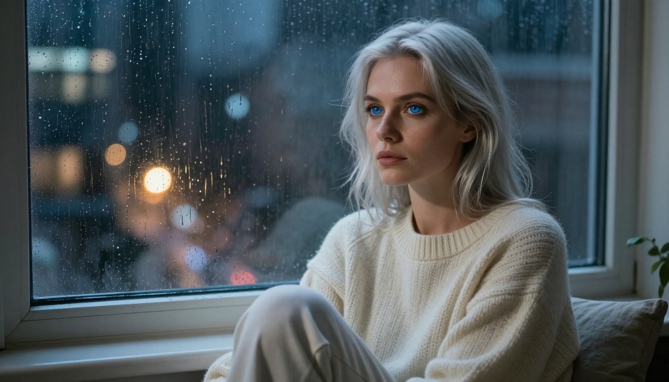Beautiful woman with silver-white hair sitting by a rain-streaked window at night, city lights bokeh behind her